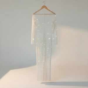 Sheer Embellished Long-Sleeve Mesh Dress in Ivory